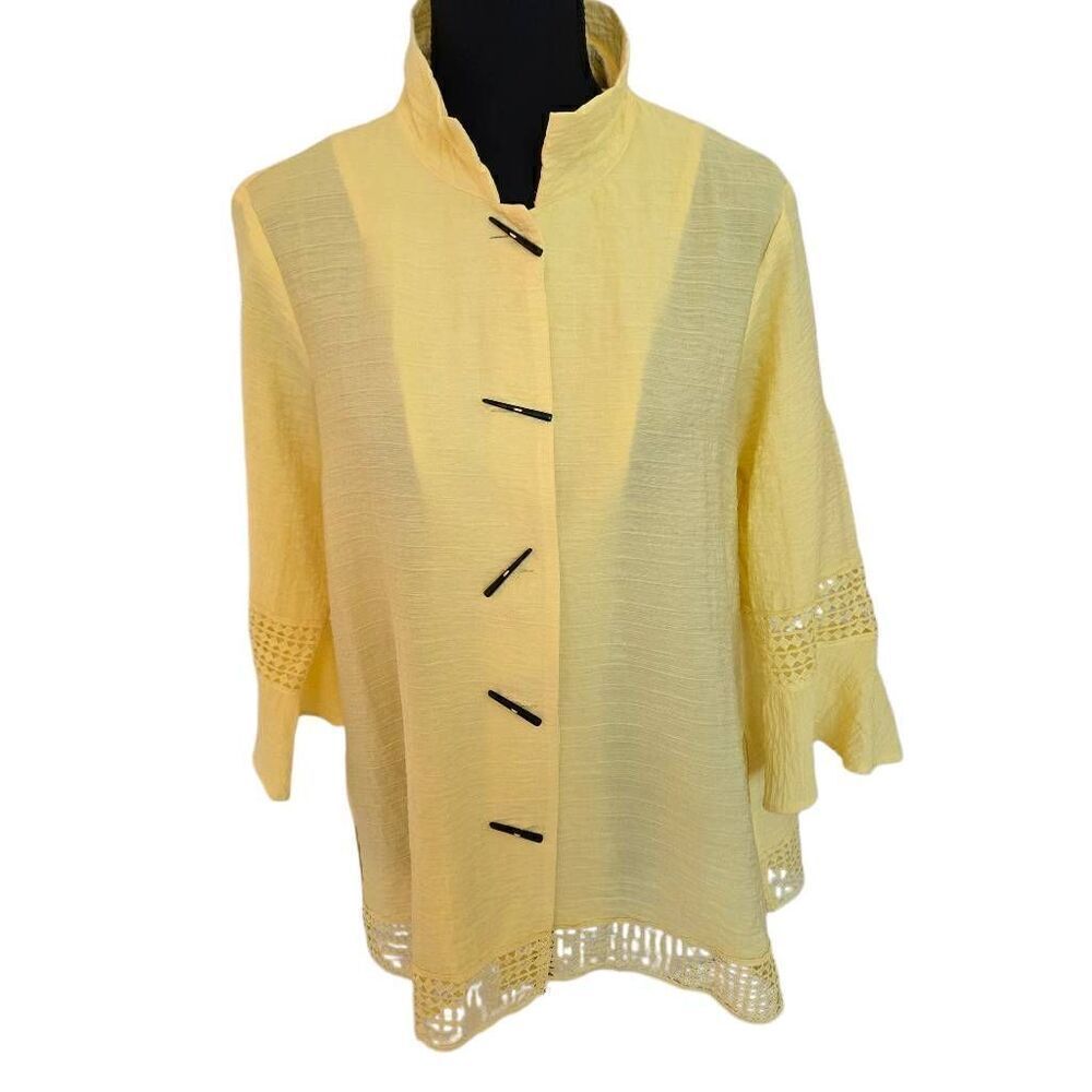 Ali Miles Womens Yellow Button Front Wire Ruffle Collar Tunic Blouse Small